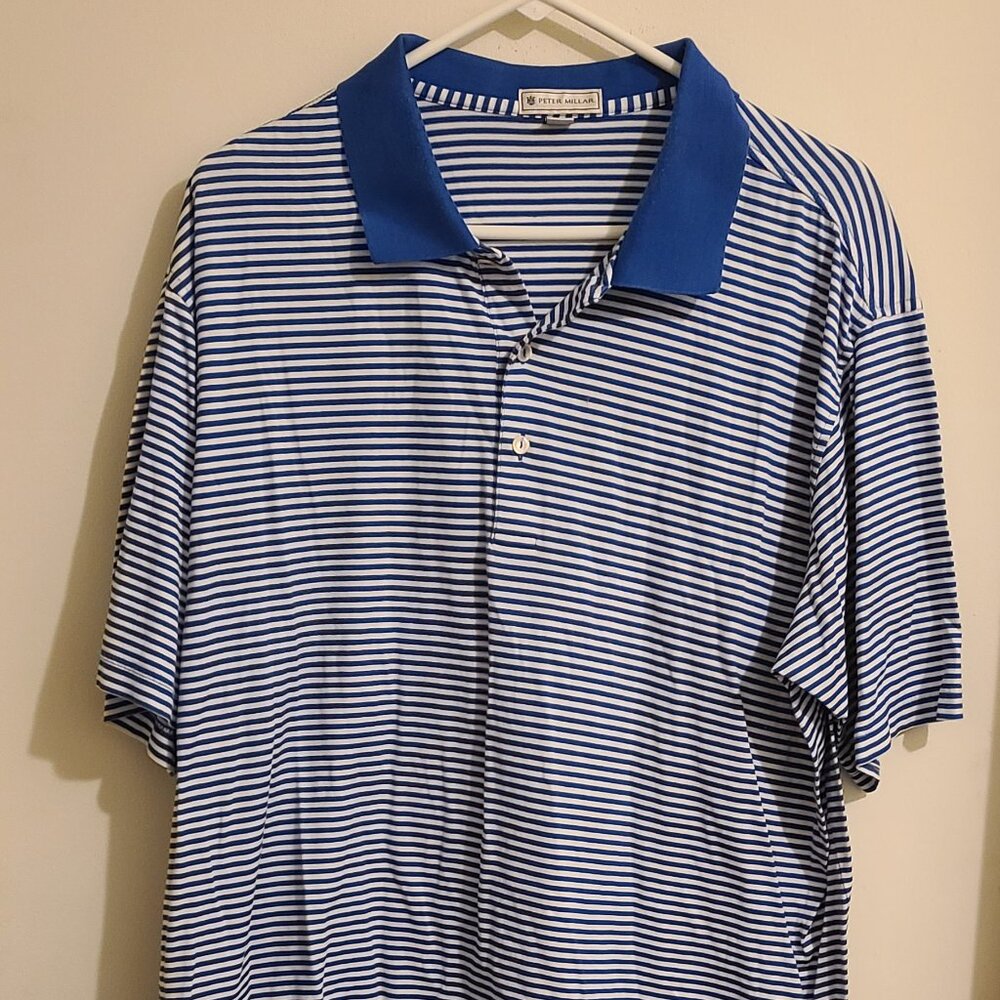 Peter Millar Blue and White Striped Golf Polo XXL